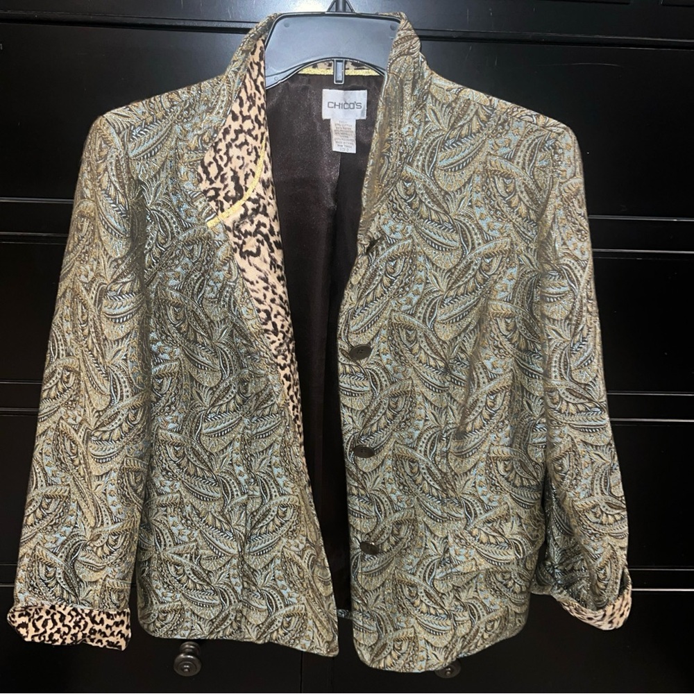 Chico's Size 0 (XS 4/6) Blazer/Jacket Jacquard‎ Mandarin Collar Pale Grn Leopard